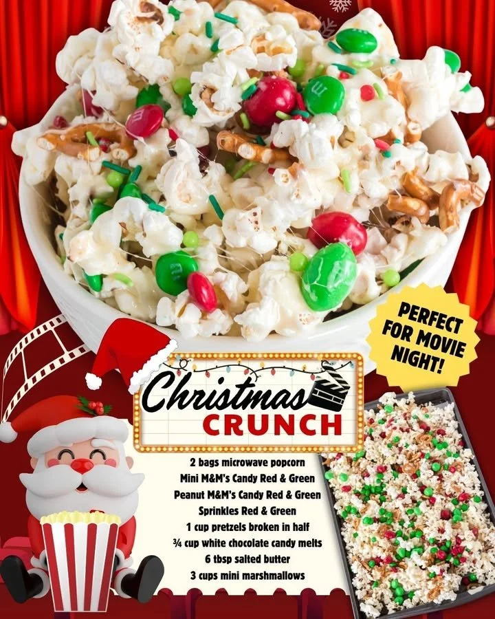 A colorful bowl of Christmas Crunch holiday snack mix with festive ingredients.