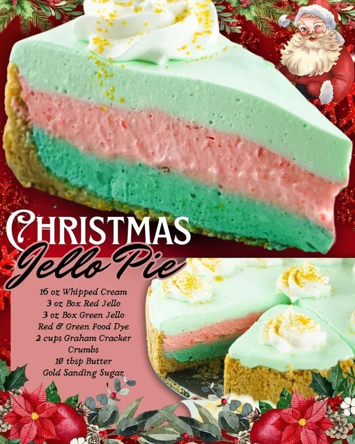 Festive and colorful Christmas Jello Pie served on a decorative plate