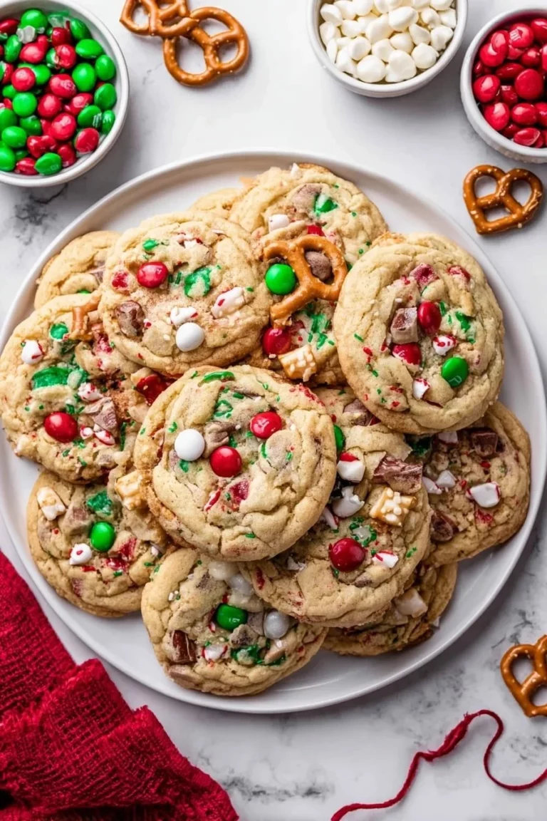 Delicious Christmas Kitchen Sink Cookies fresh from the oven with festive toppings.