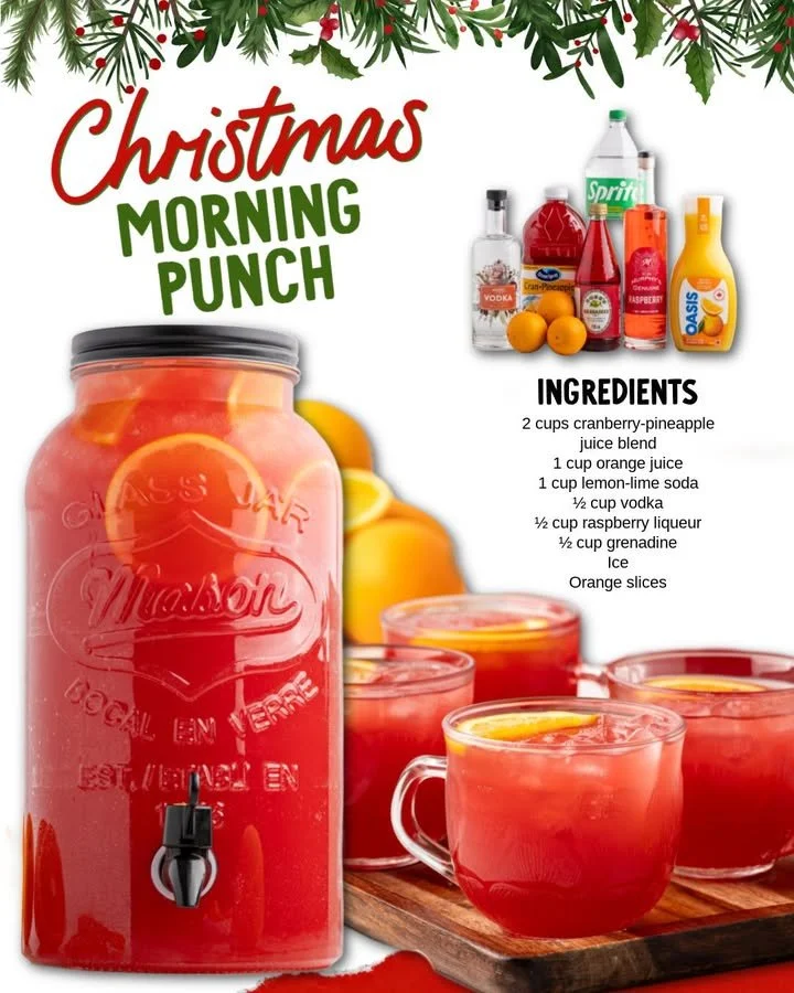 Festive Christmas morning punch in a holiday-themed glass