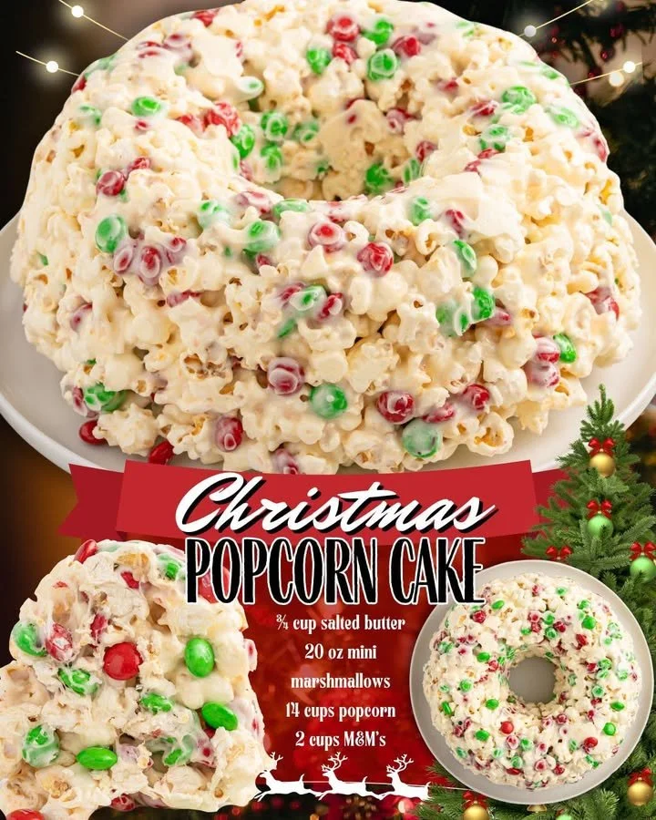 Christmas popcorn cake decorated with festive colors and toppings