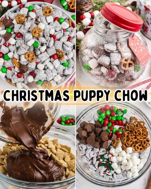 A festive bowl of Christmas Puppy Chow, a delicious holiday treat.