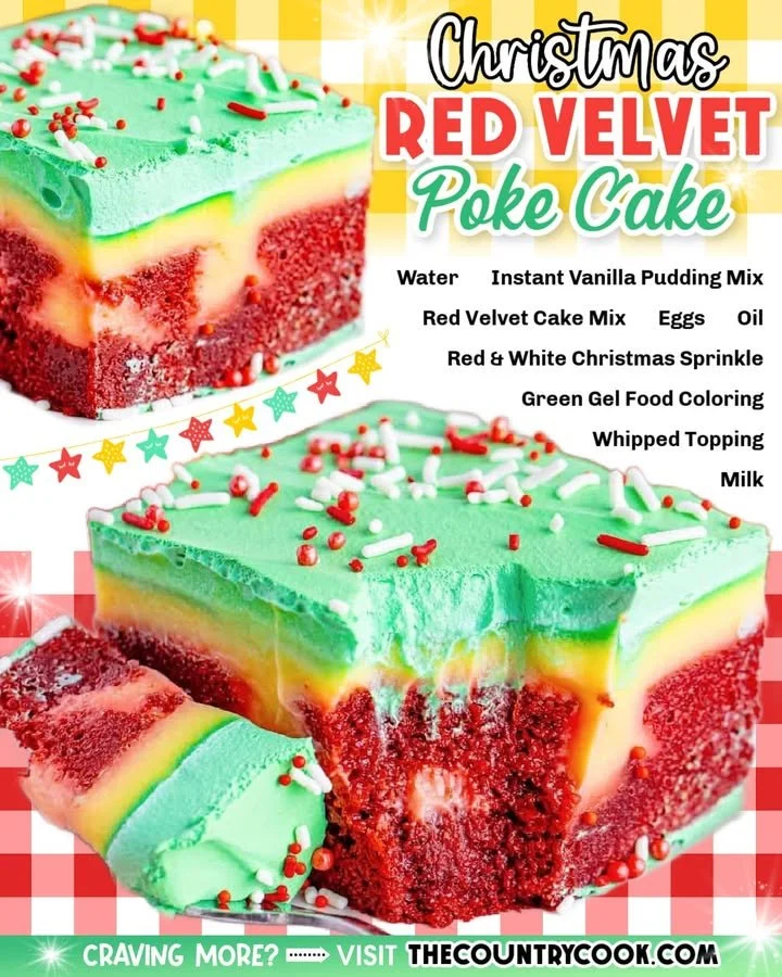 Christmas Red Velvet Poke Cake topped with whipped cream and festive decorations