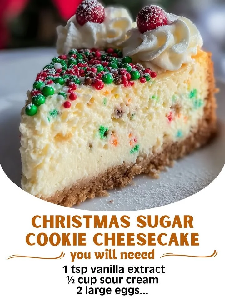 Delicious Christmas sugar cookie cheesecake decorated for the holiday season