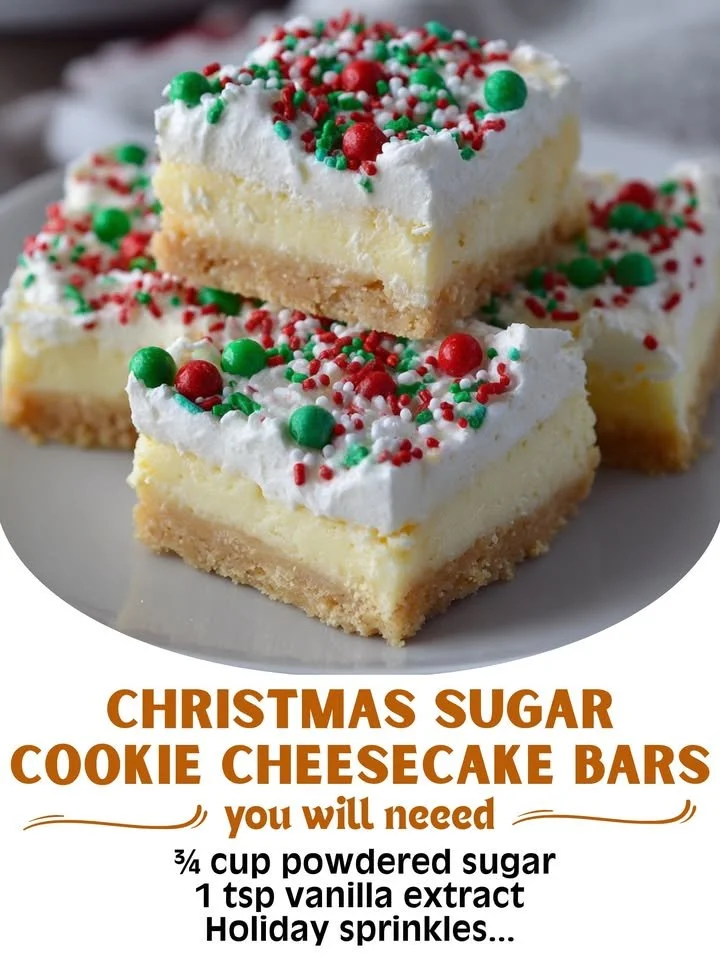 No-bake Christmas sugar cookie cheesecake bars topped with festive decorations