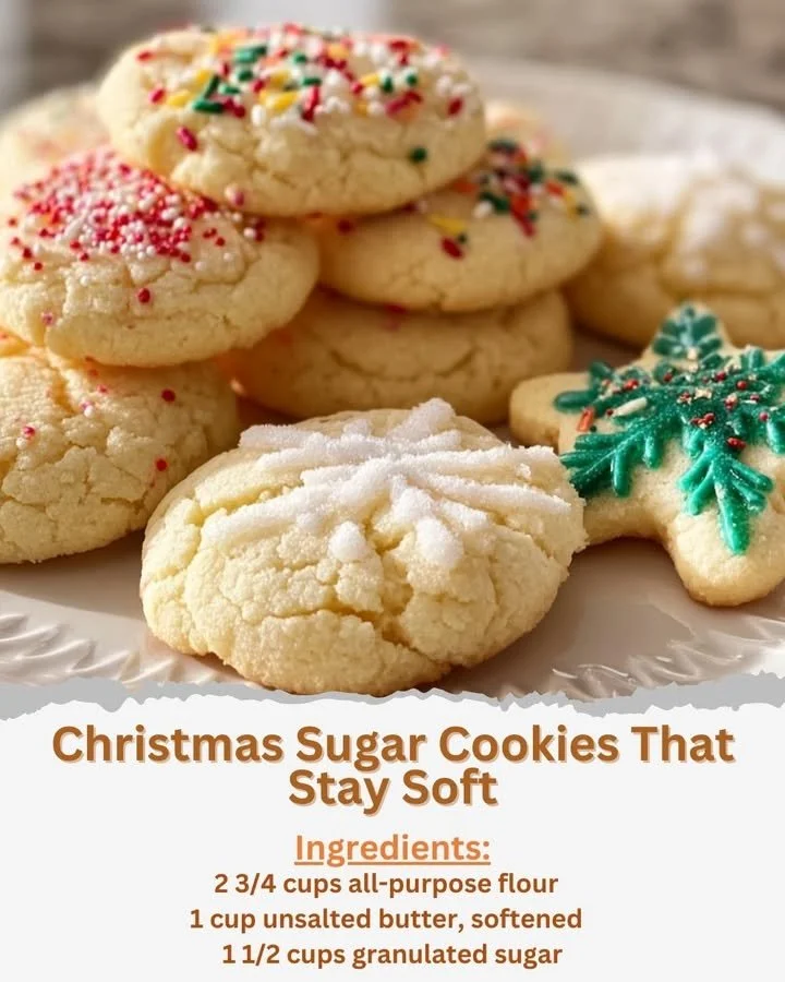 Soft and festive Christmas sugar cookies decorated with icing.