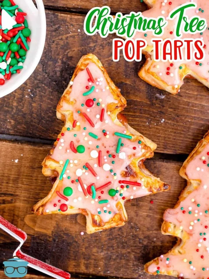 Decoratively frosted Christmas Tree Pop Tarts on a festive plate