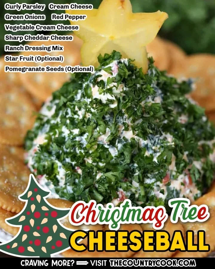 Christmas tree-shaped cheese ball decorated with herbs and red peppers