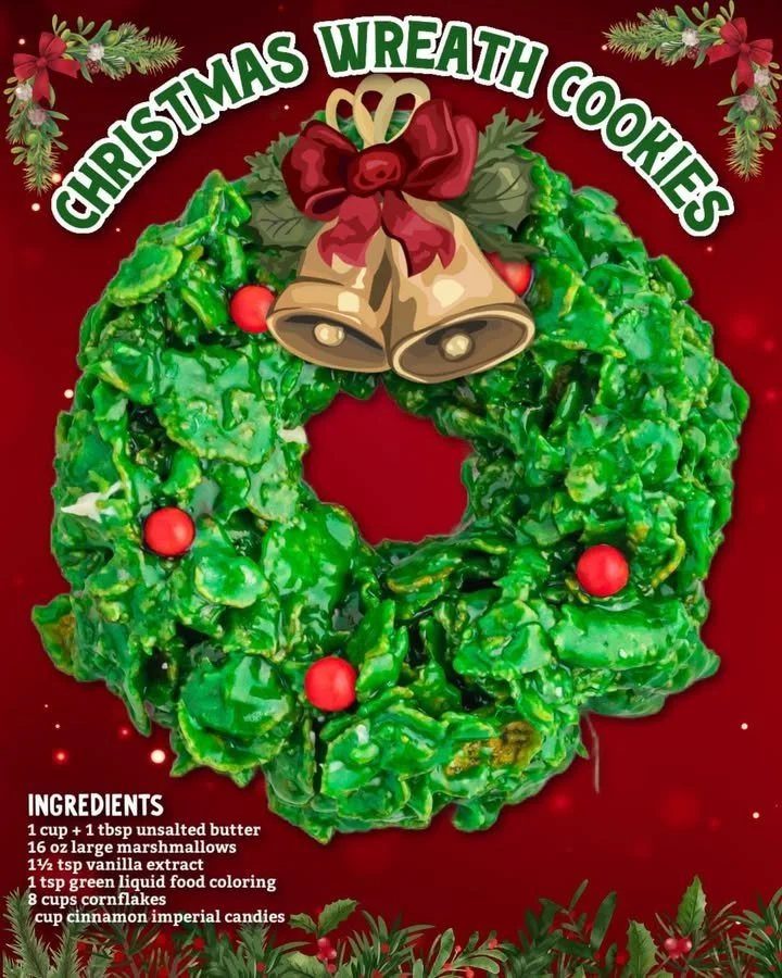 Festively decorated Christmas wreath cookies on a holiday background