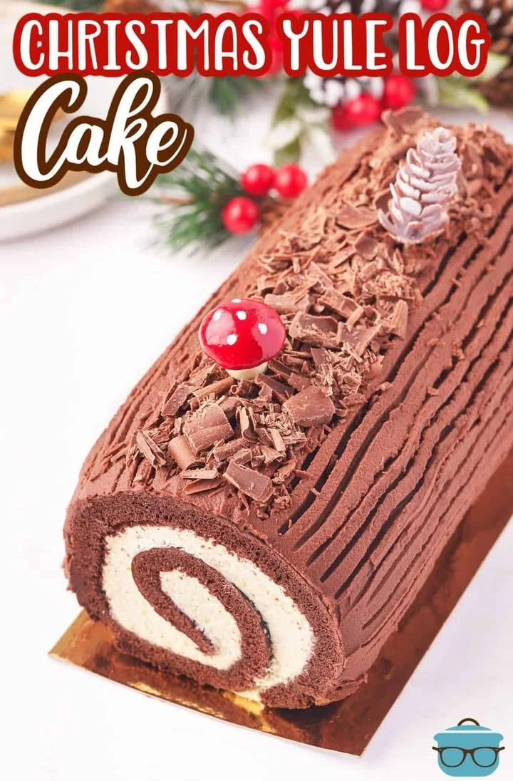 Festive Christmas Yule Log Cake decorated with chocolate and holly