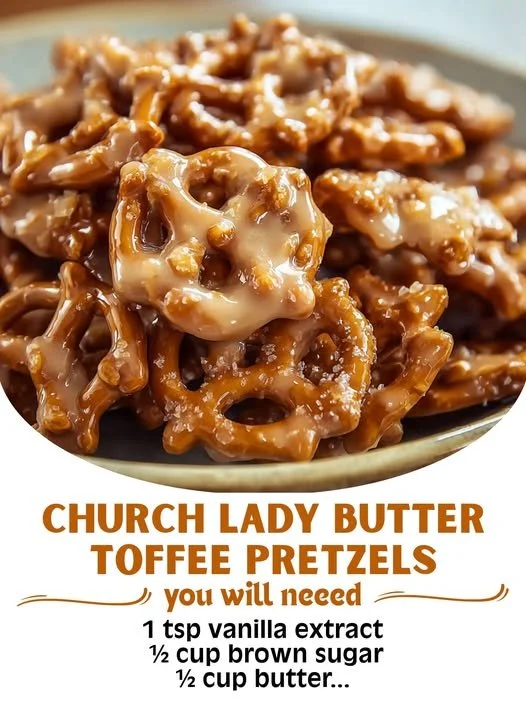 Delicious Church Lady Butter Toffee Pretzels topped with buttery toffee