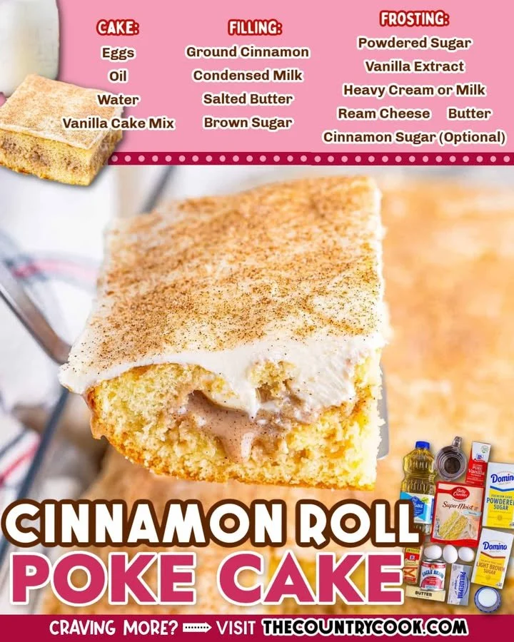 Delicious Cinnamon Roll Poke Cake topped with icing and cinnamon