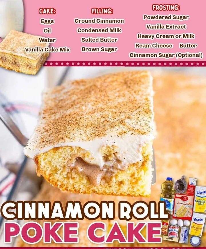 Delicious Cinnamon Roll Poke Cake topped with creamy icing and cinnamon swirls