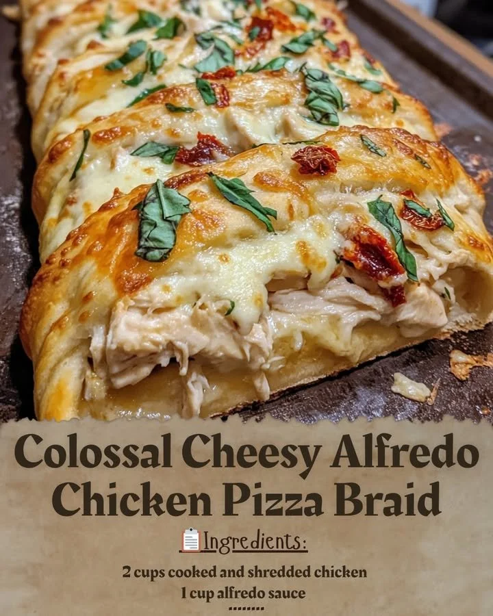 Colossal Cheesy Alfredo Chicken Pizza Braid topped with cheese and chicken