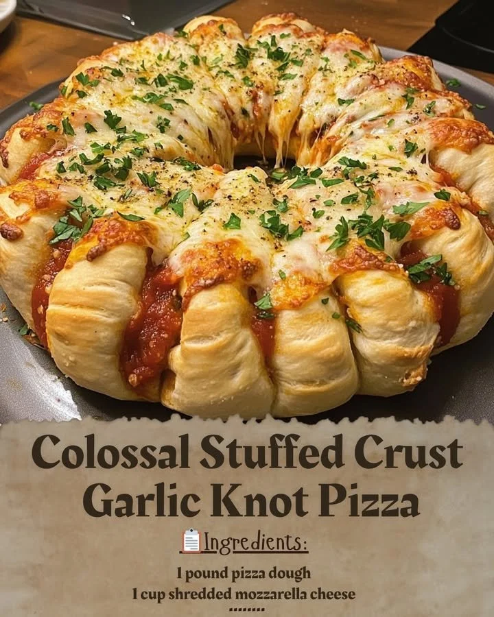 Colossal stuffed crust garlic knot pizza with gooey cheese and golden crust