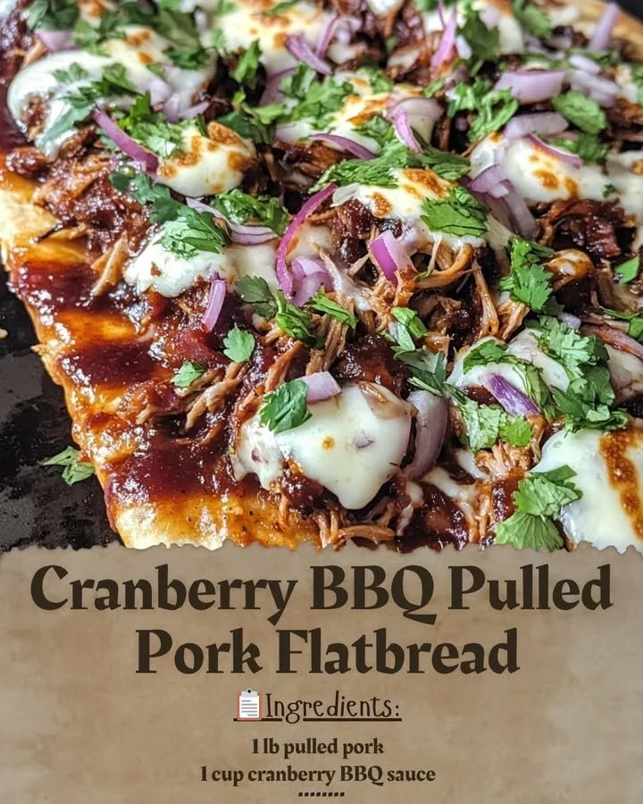 Cranberry BBQ pulled pork flatbread garnished with fresh herbs