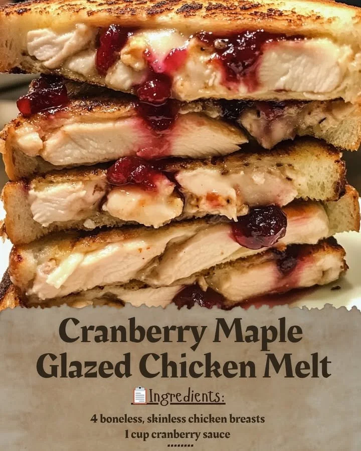 Cranberry Maple Glazed Chicken Melt with melted cheese and cranberry drizzle