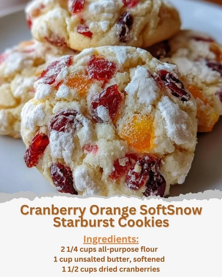 Cranberry orange soft snow starburst cookies decorated for the holidays