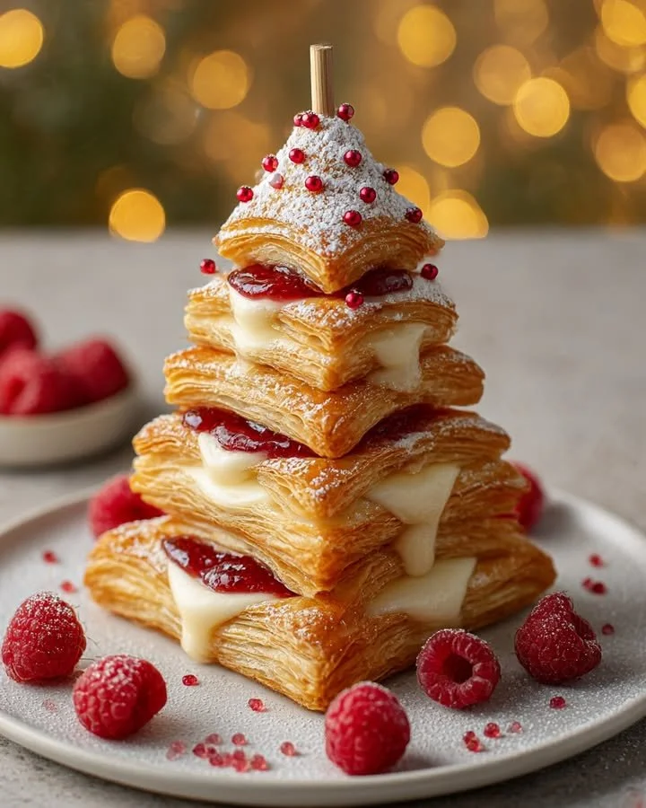 A beautiful cream and jam puff pastry tree decorated for the holidays.