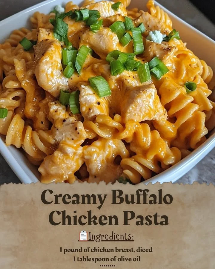 Delicious creamy Buffalo Chicken Pasta served in a bowl with herbs and spices