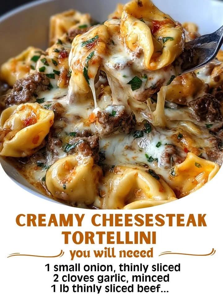Creamy cheesesteak tortellini in a rich provolone cheese sauce