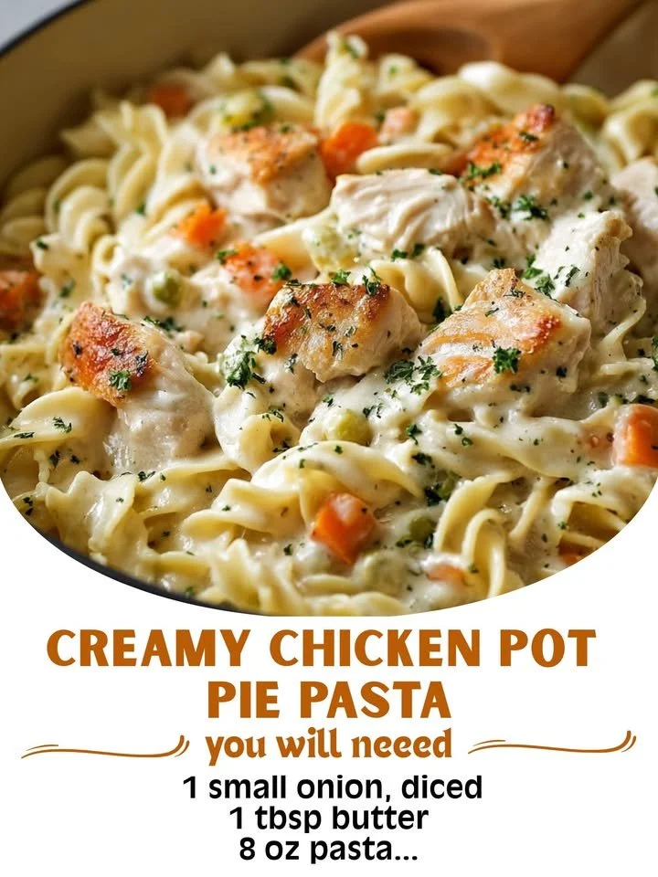 Creamy chicken pot pie pasta dish garnished with herbs in a bowl