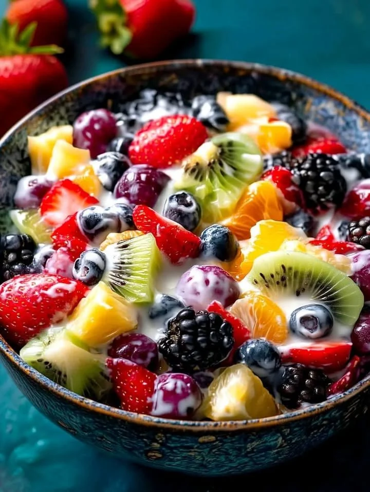 Delicious creamy mixed fruit bowl with vibrant fruits and yogurt.