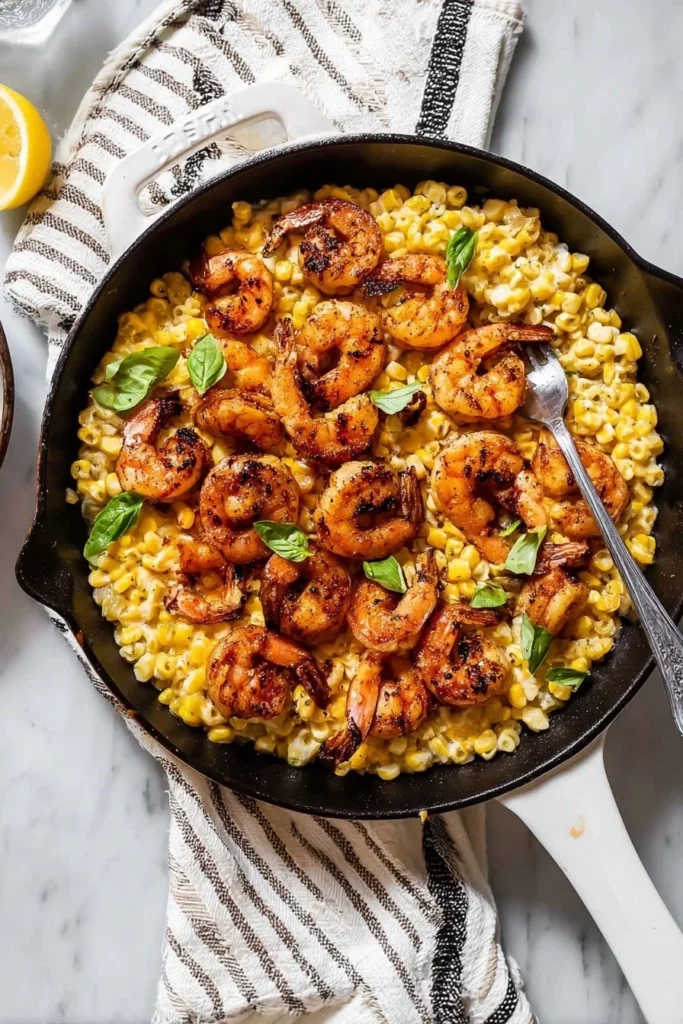 Creamy shrimp corn orzo skillet served in a pan, garnished with fresh herbs