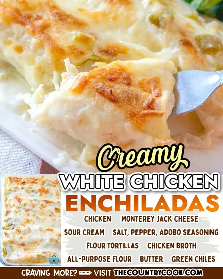Delicious creamy white chicken enchiladas topped with sauce and cheese