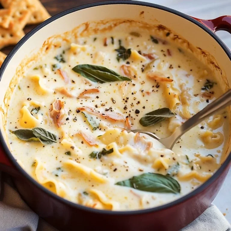 Creamy white lasagna soup garnished with herbs in a bowl