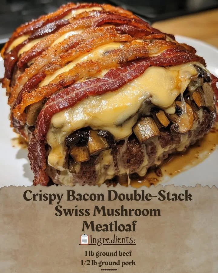 Crispy Bacon Double-Stack Swiss Mushroom Meatloaf on a serving plate