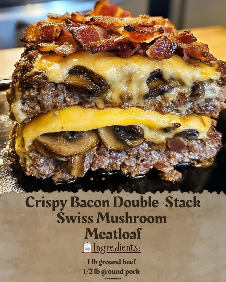 Crispy bacon double-stack Swiss mushroom meatloaf served on a plate