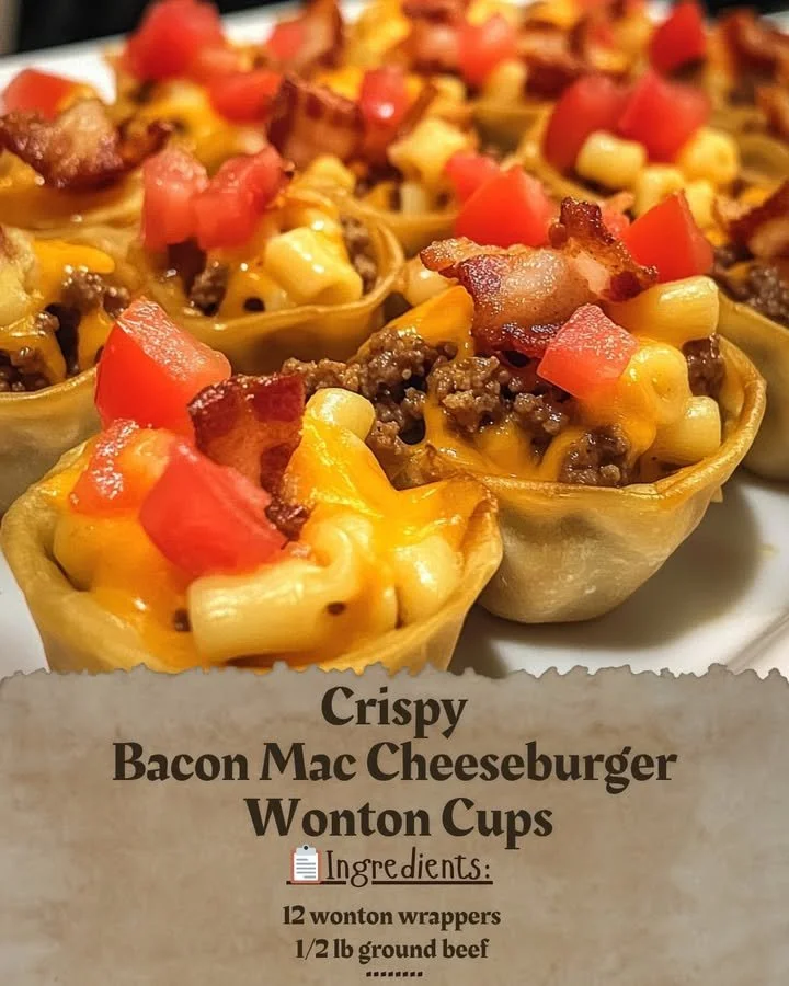 Crispy bacon mac cheeseburger wonton cups served on a platter