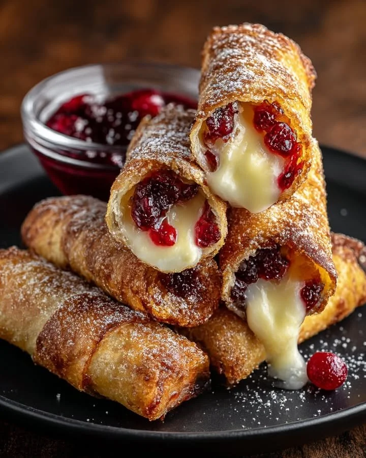 Crispy Brie and cranberry egg rolls with spiced honey dip served on a plate