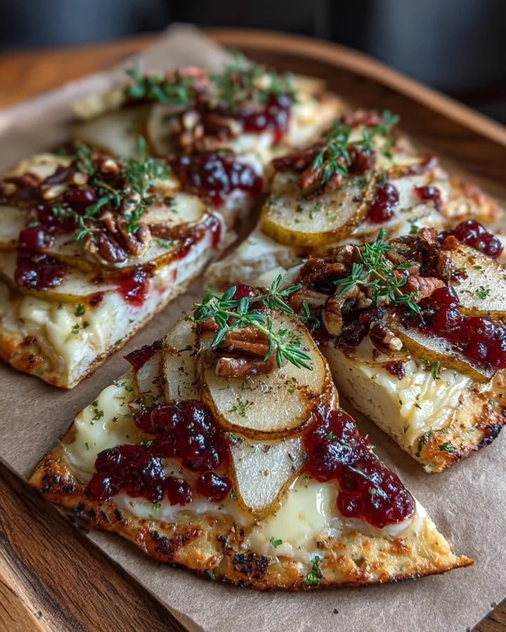 Crispy flatbread topped with brie, pear, toasted pecans, and cranberry glaze.