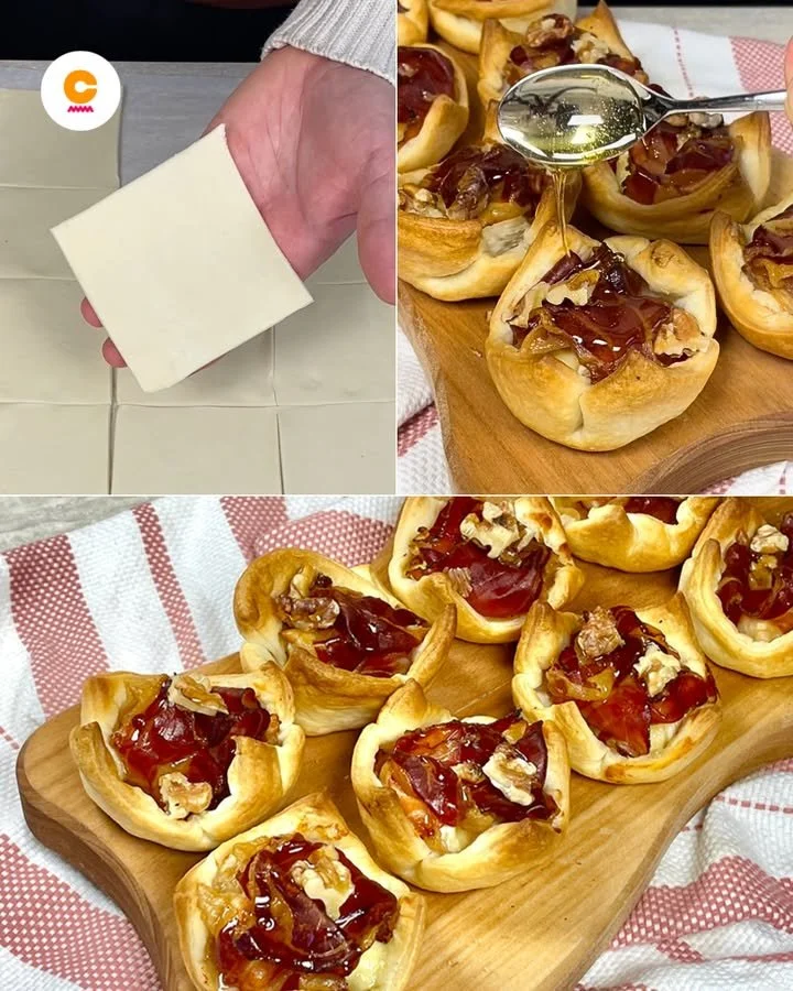 Crispy puff pastry baskets filled with festive ingredients for Christmas