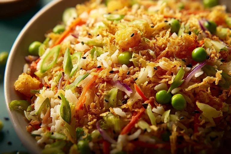 Colorful and fresh Crispy Rice Salad with vegetables and herbs