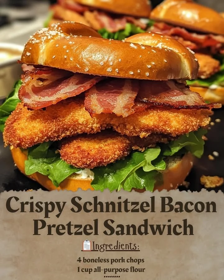 Crispy schnitzel bacon pretzel sandwich served with fresh toppings
