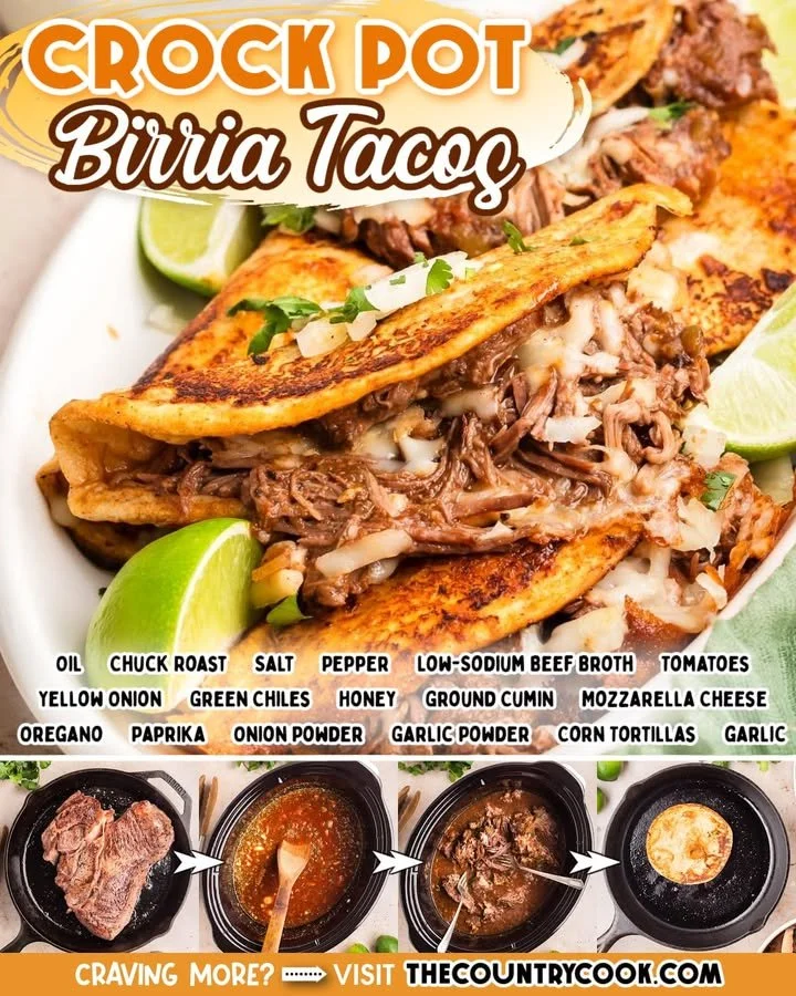 Delicious Crock Pot Birria Tacos served with fresh lime and cilantro
