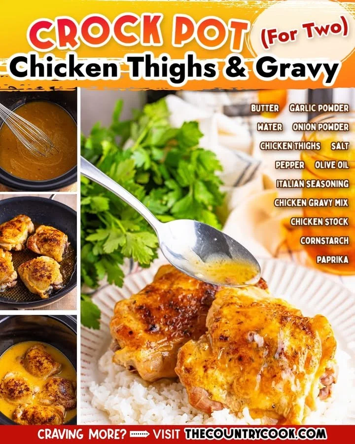Crock Pot chicken thighs and gravy served for two, a delicious comfort food.