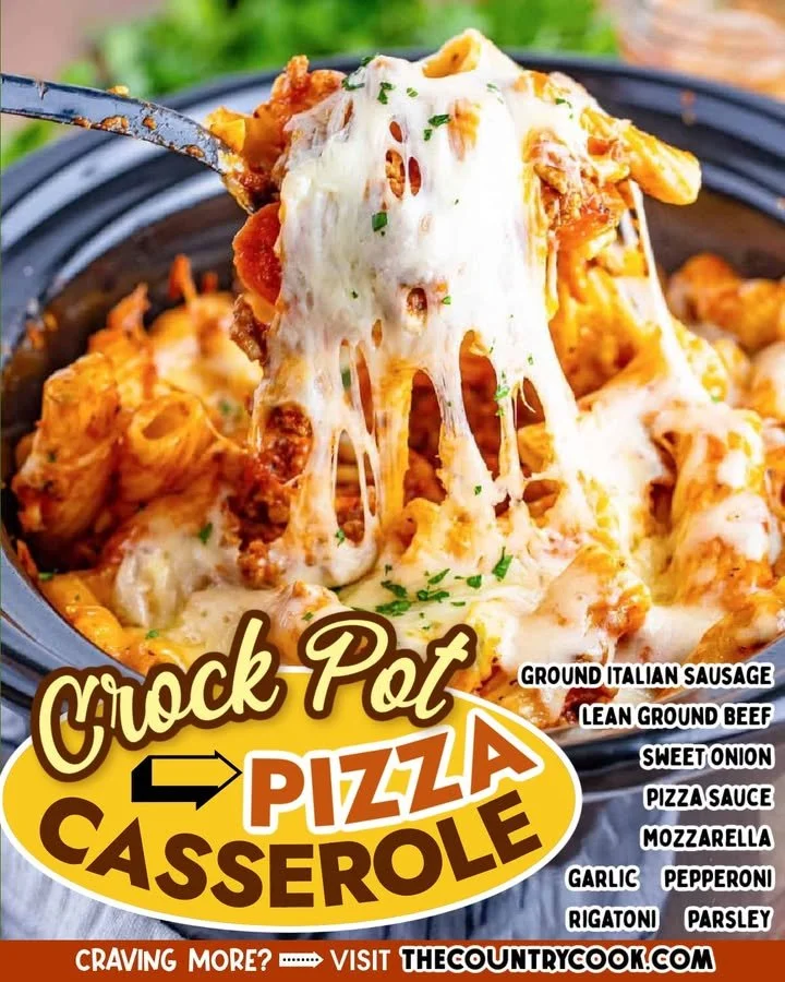 Delicious Crock Pot pizza casserole topped with cheese and pepperoni, perfect for family meals.