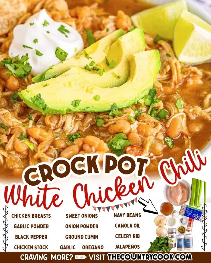 Crock Pot white chicken chili served in a bowl with toppings