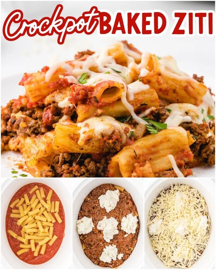 Crockpot Baked Ziti served in a dish with melted cheese and herbs.