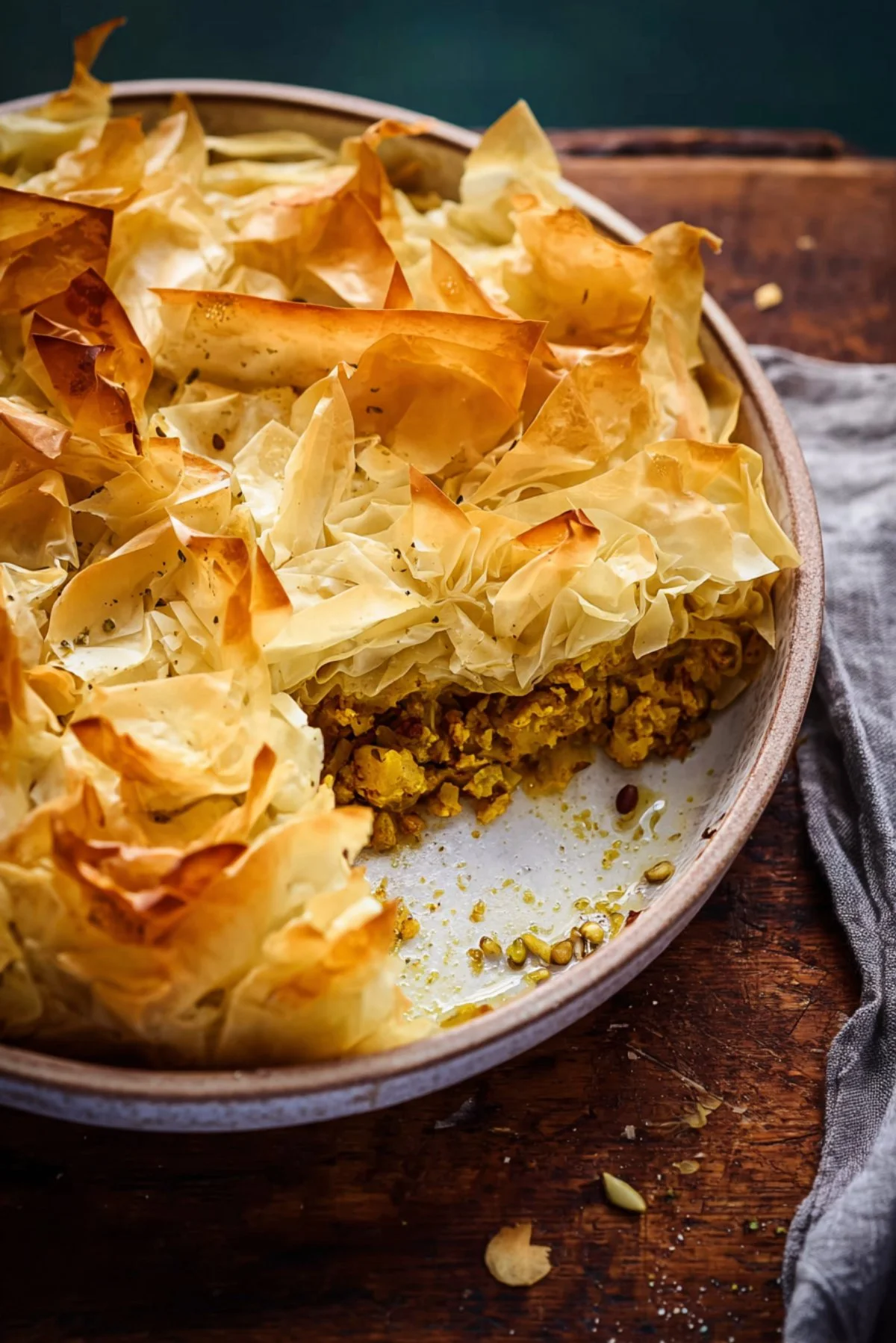 Delicious curried filo pie with golden crispy layers and vibrant filling