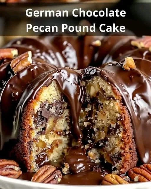 Decadent German chocolate pecan pound cake slice on a plate