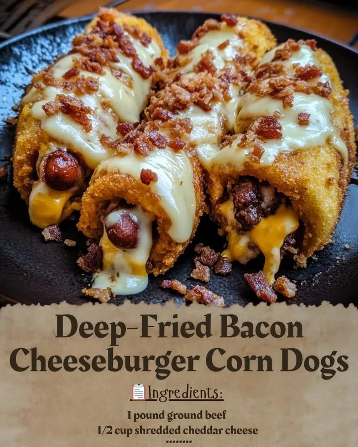 Deep-fried bacon cheeseburger corn dogs served on a plate