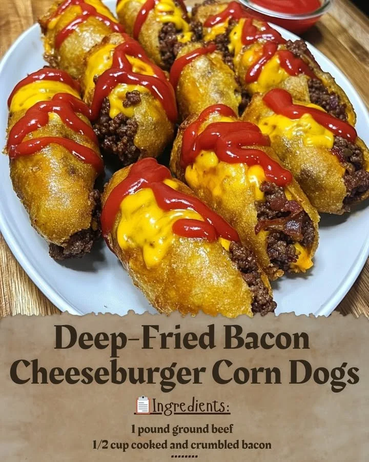 Deep-fried bacon cheeseburger corn dogs on a serving plate