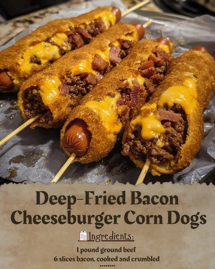 Deep-fried bacon cheeseburger corn dogs served on a plate