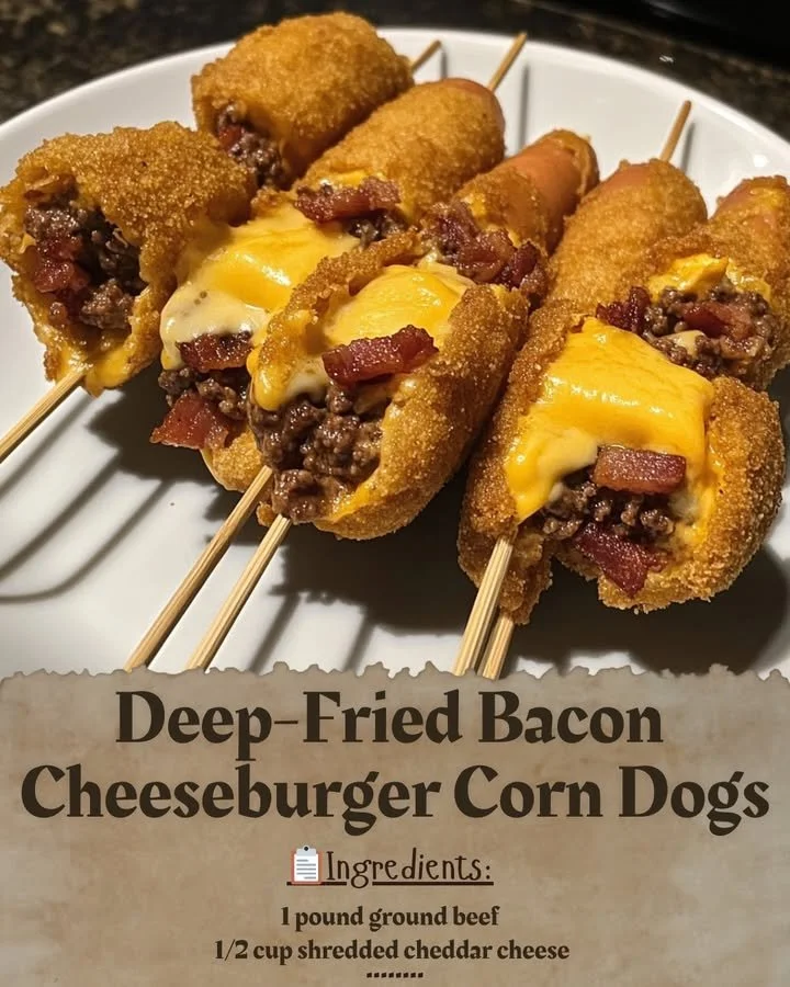 Deep-fried bacon cheeseburger corn dogs served on a plate
