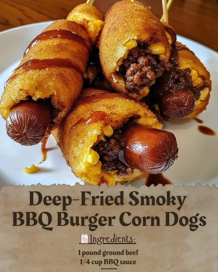 Deep-Fried Smoky BBQ Burger Corn Dogs served on a plate